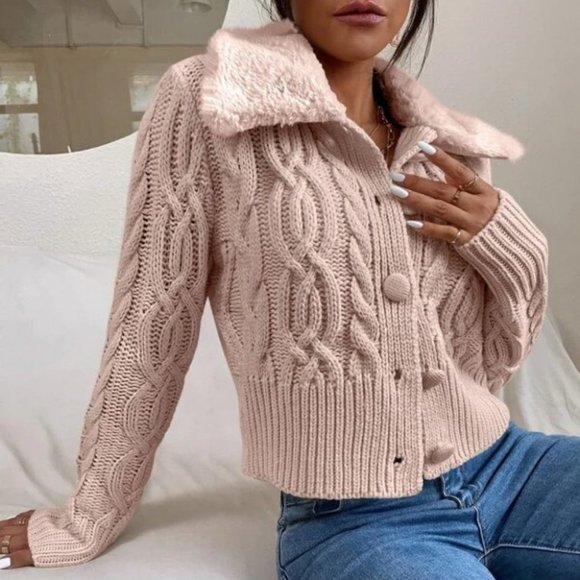 Sweaters - PINK TEDDY COLLAR BUTTON DOWN CABLE KNIT CARDIGAN